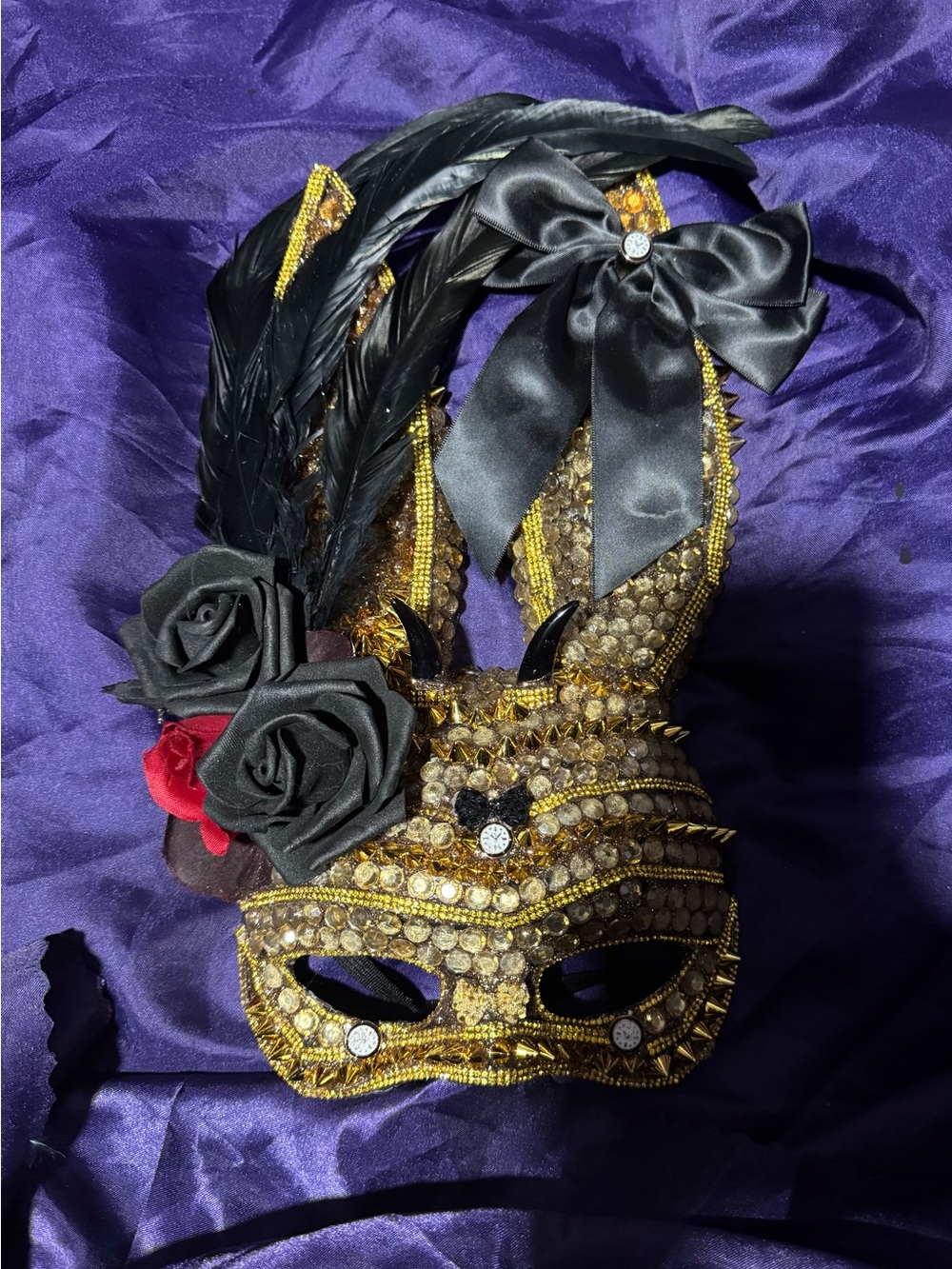 Gold and Black rabbit Feathered Masquerade Mask with Roses
